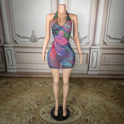 Women’s Patchwork Mini Dress – V-Neck Geometric Bodycon