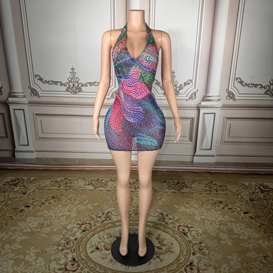 Women’s Patchwork Mini Dress – V-Neck Geometric Bodycon