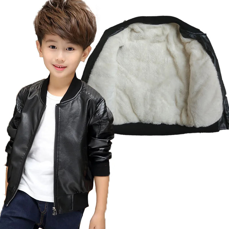 Premium Kids Plus Velvet PU Leather Winter Jacket (2–14Y)