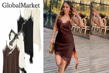 🌍 Glomexia – Women’s Lace Asymmetric Slip Dress | Sleeveless Backless Mini Party Dress 💃✨
