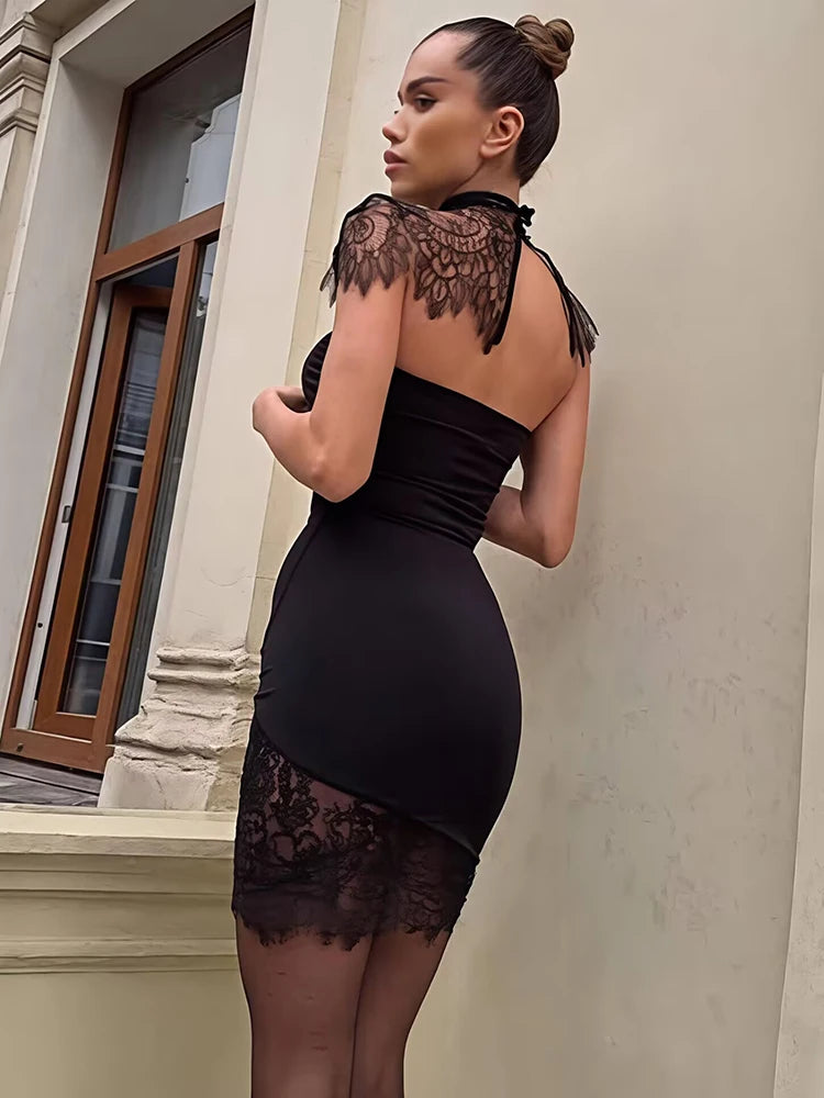 Women’s Lace Backless Mini Dress – Turtleneck Bodycon Party Outfit