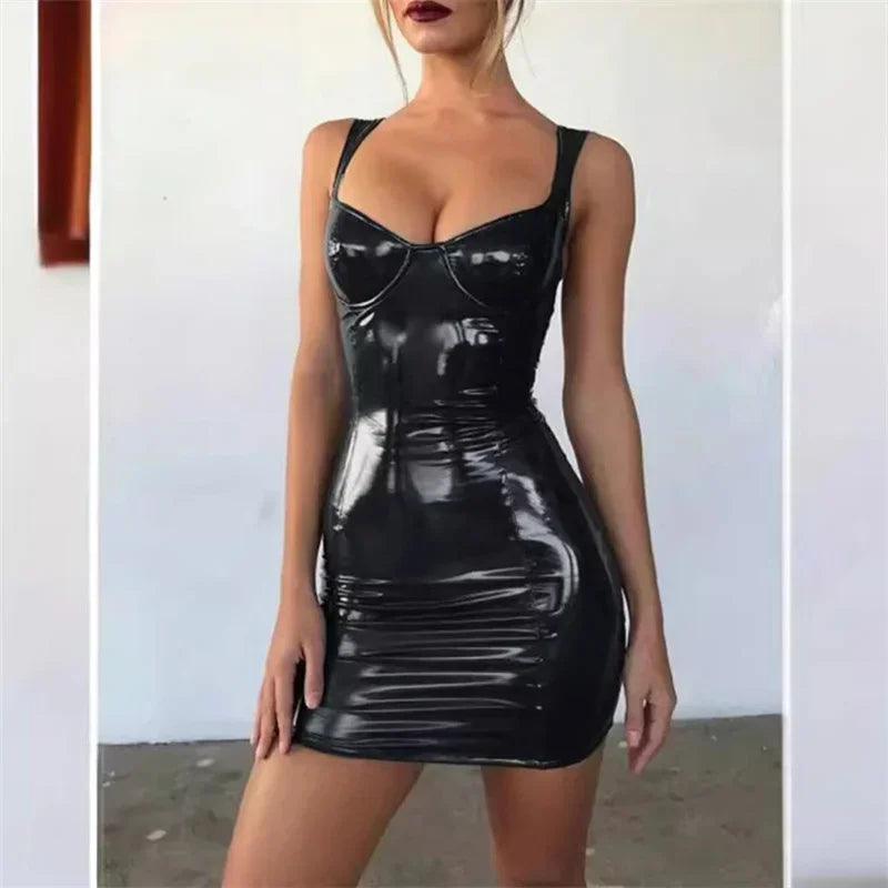 Women’s Patent Leather Mini Dress – Sleeveless Slim Fit Party Gown