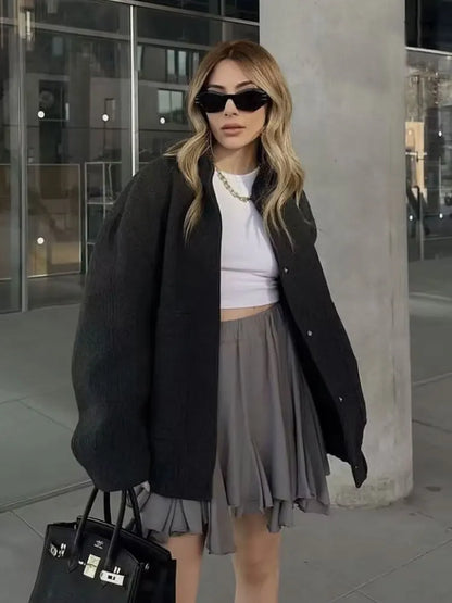 Women Oversized Bomber Jacket 🖤 | Vintage Snap Button Coat