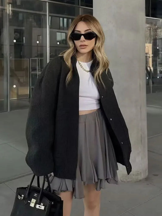 Women Oversized Bomber Jacket 🖤 | Vintage Snap Button Coat