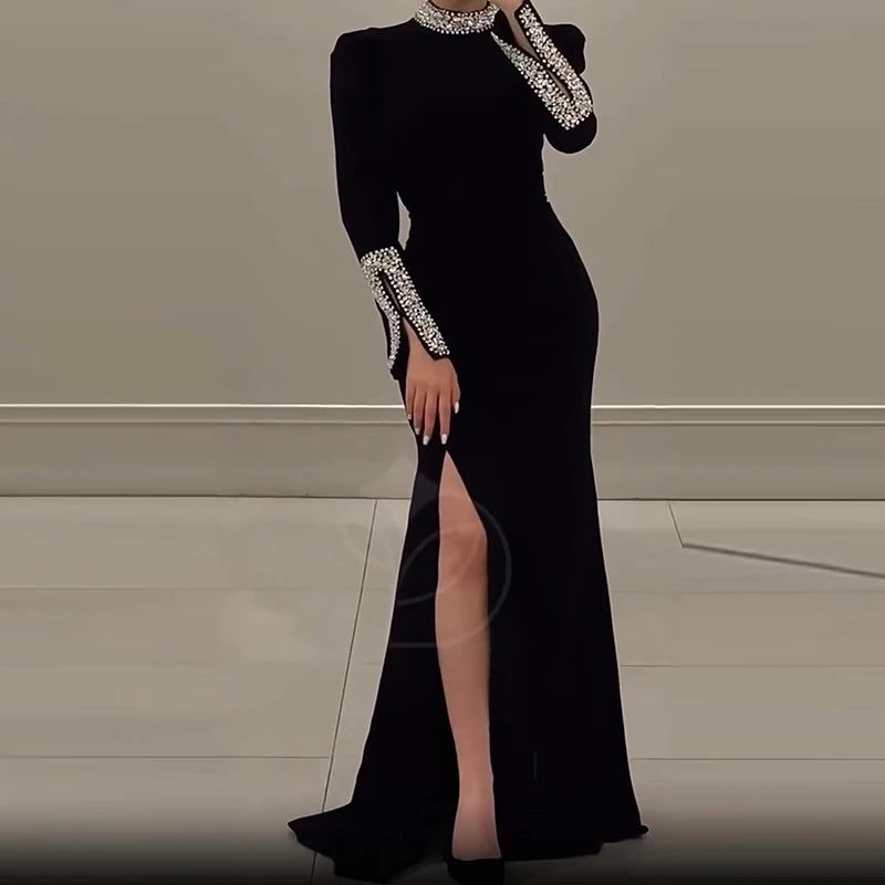 Women’s Rhinestone Patchwork Dress – Long Sleeve Elegant Banquet Outfit
