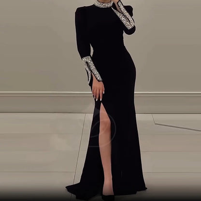 Women’s Rhinestone Patchwork Dress – Long Sleeve Elegant Banquet Outfit