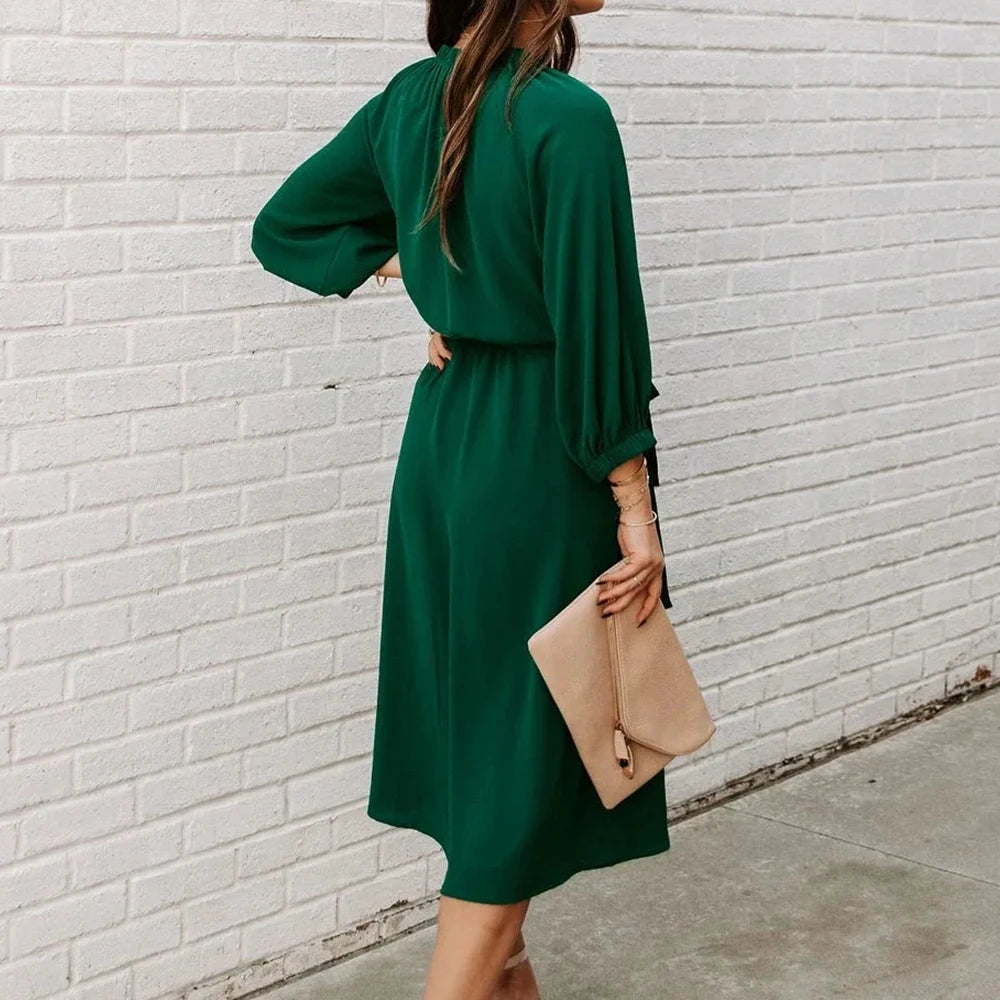 ✨ Women’s Belted A-Line Midi Dress – Long Sleeve Office Outfit