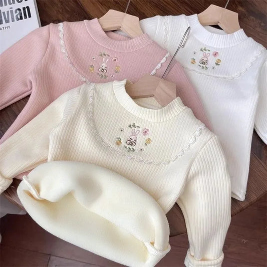 🧸 Girls Velvet Cartoon Winter Top – Warm Long Sleeve Tee (4–6Y)