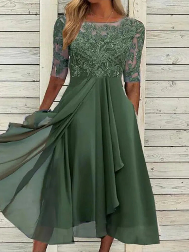 🌍 Glomexia Fashion – Elegant O-Neck Chiffon Lace Dress 👗