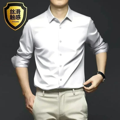 Men’s Luxury Ice Silk Wrinkle-Resistant White Shirt