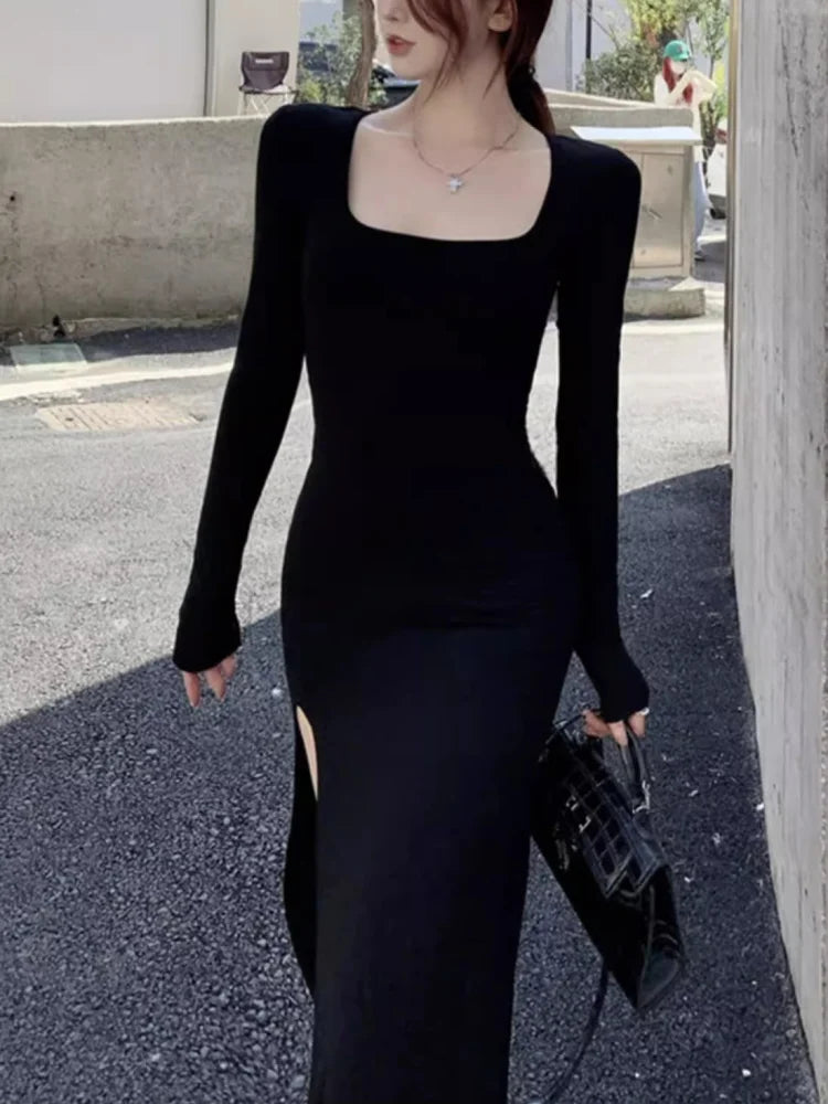 Women’s Side Slit Bodycon Dress – Long Sleeve Wrap Hip Gown