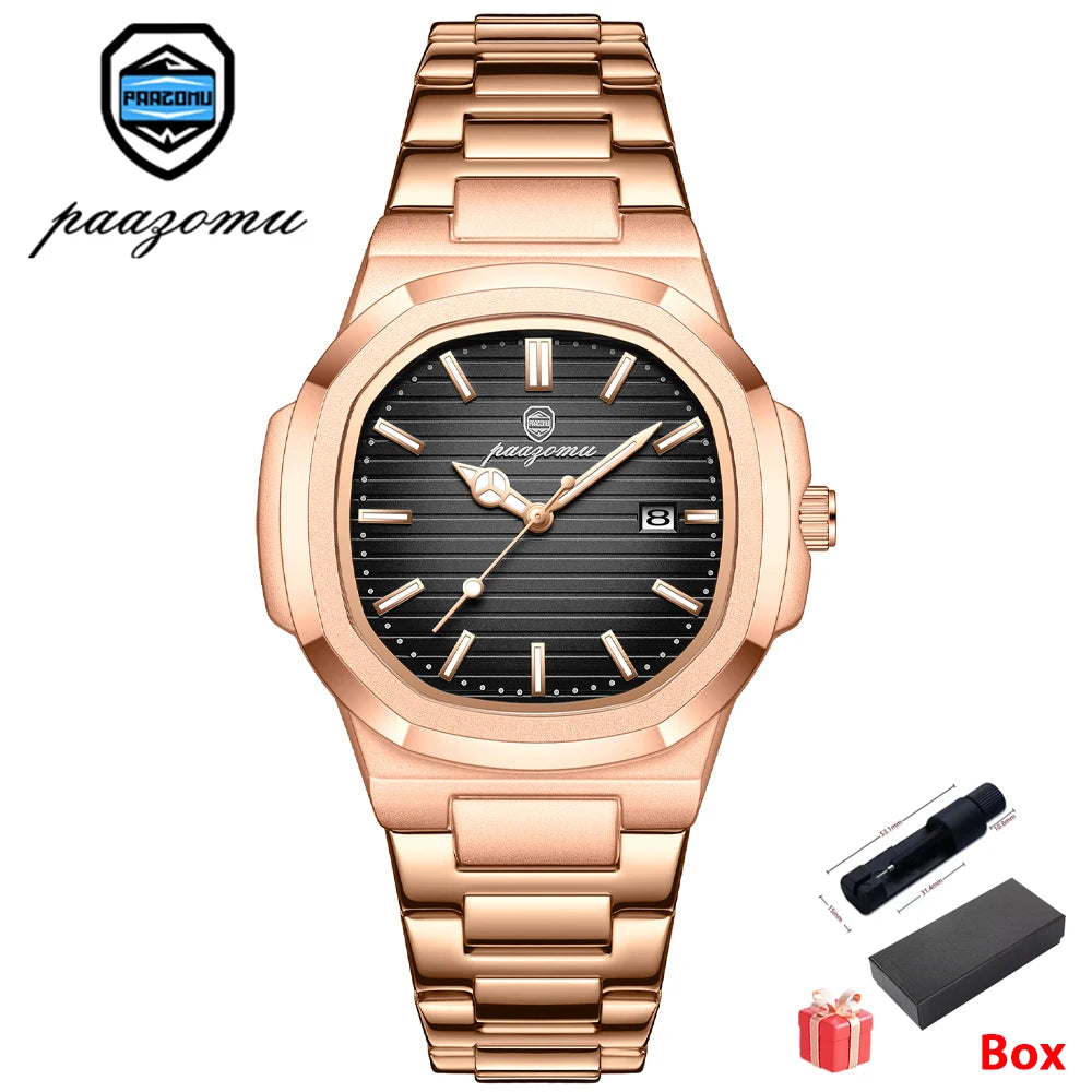Men’s Square Quartz Watch – Stainless Steel Waterproof Wristwatch