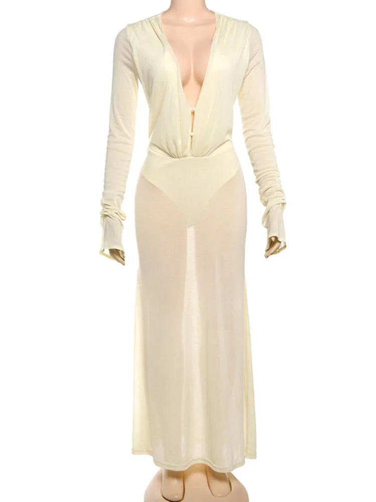 Women’s Deep V-Neck Bodycon Maxi Dress – Long Sleeve Party Outfit