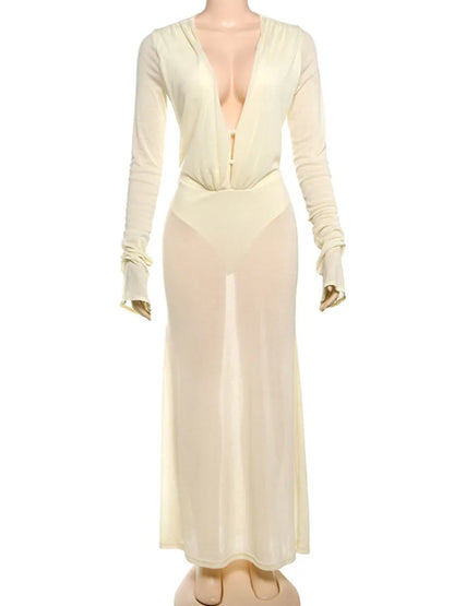 Women’s Deep V-Neck Bodycon Maxi Dress – Long Sleeve Party Outfit