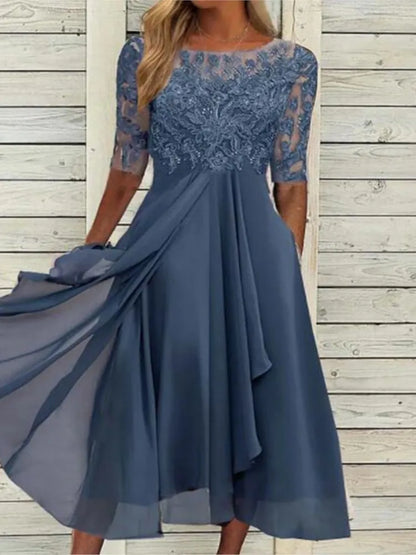 🌍 Glomexia Fashion – Elegant O-Neck Chiffon Lace Dress 👗