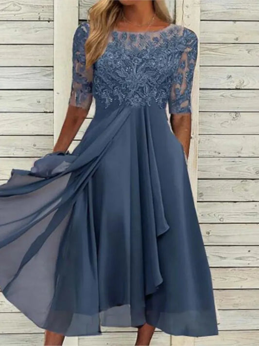 🌍 Glomexia Fashion – Elegant O-Neck Chiffon Lace Dress 👗
