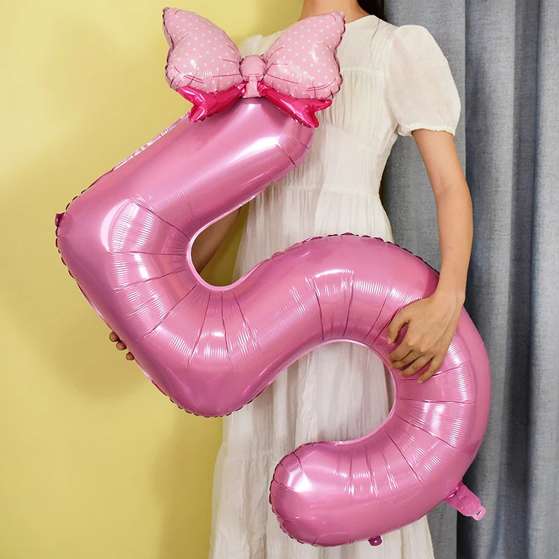 40 Inch Pink Number Foil Balloon with Bow – Birthday Party Decoration
