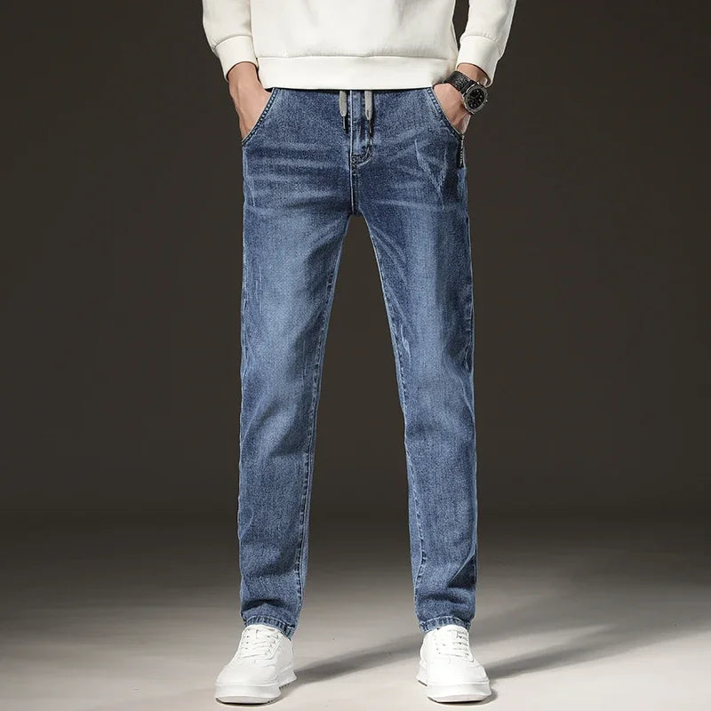 ❄️ Men’s Winter Fleece Jeans – Slim Straight Light Blue Denim