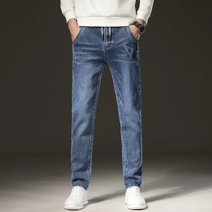 ❄️ Men’s Winter Fleece Jeans – Slim Straight Light Blue Denim