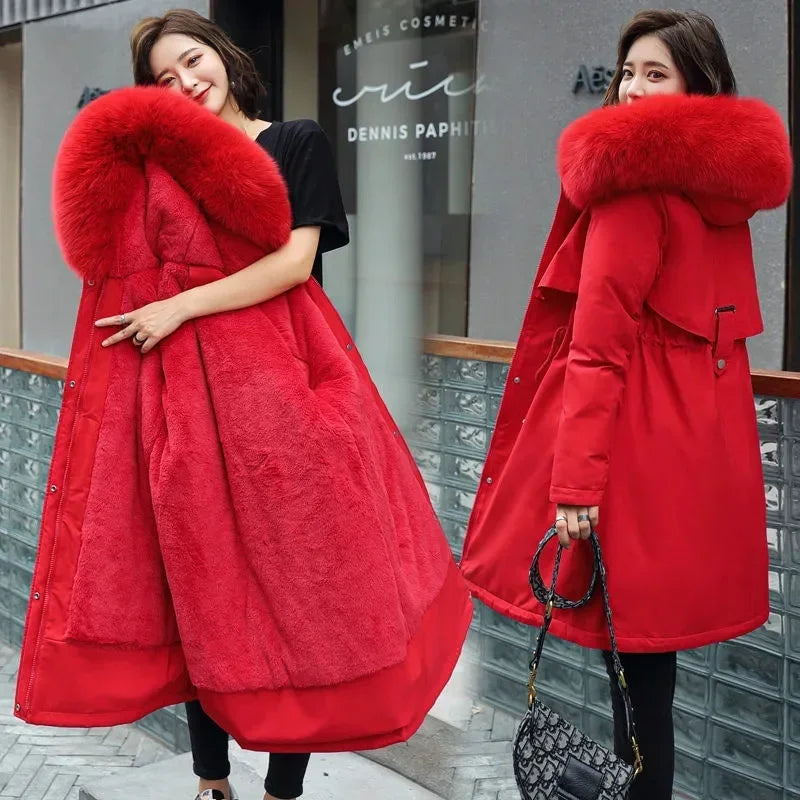🧥 Women’s Winter Parka Coat – Long Hooded Fur Collar Jacket (6XL)