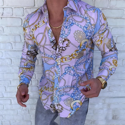 Men’s Luxury Chain Print Slim Fit Long Sleeve Shirt