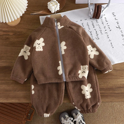 Premium Baby Girl Fleece Two-Piece Set – Plush Winter Cartoon Outfit