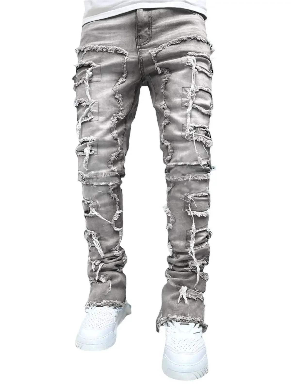 Men’s Ripped Stacked Jeans – Slim Fit Distressed Denim Pants