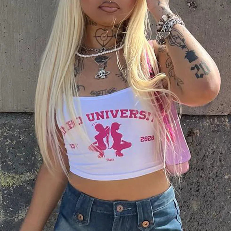 Women’s Sleeveless Letter Print Crop Top 🔥 Slim Fit Club Tee