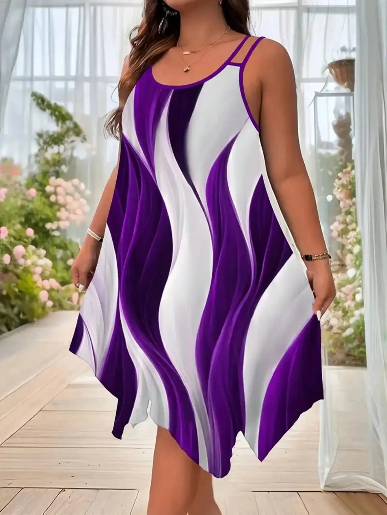 ✨ Plus Size Geometric Striped Dress – Double Strap Asymmetrical Style