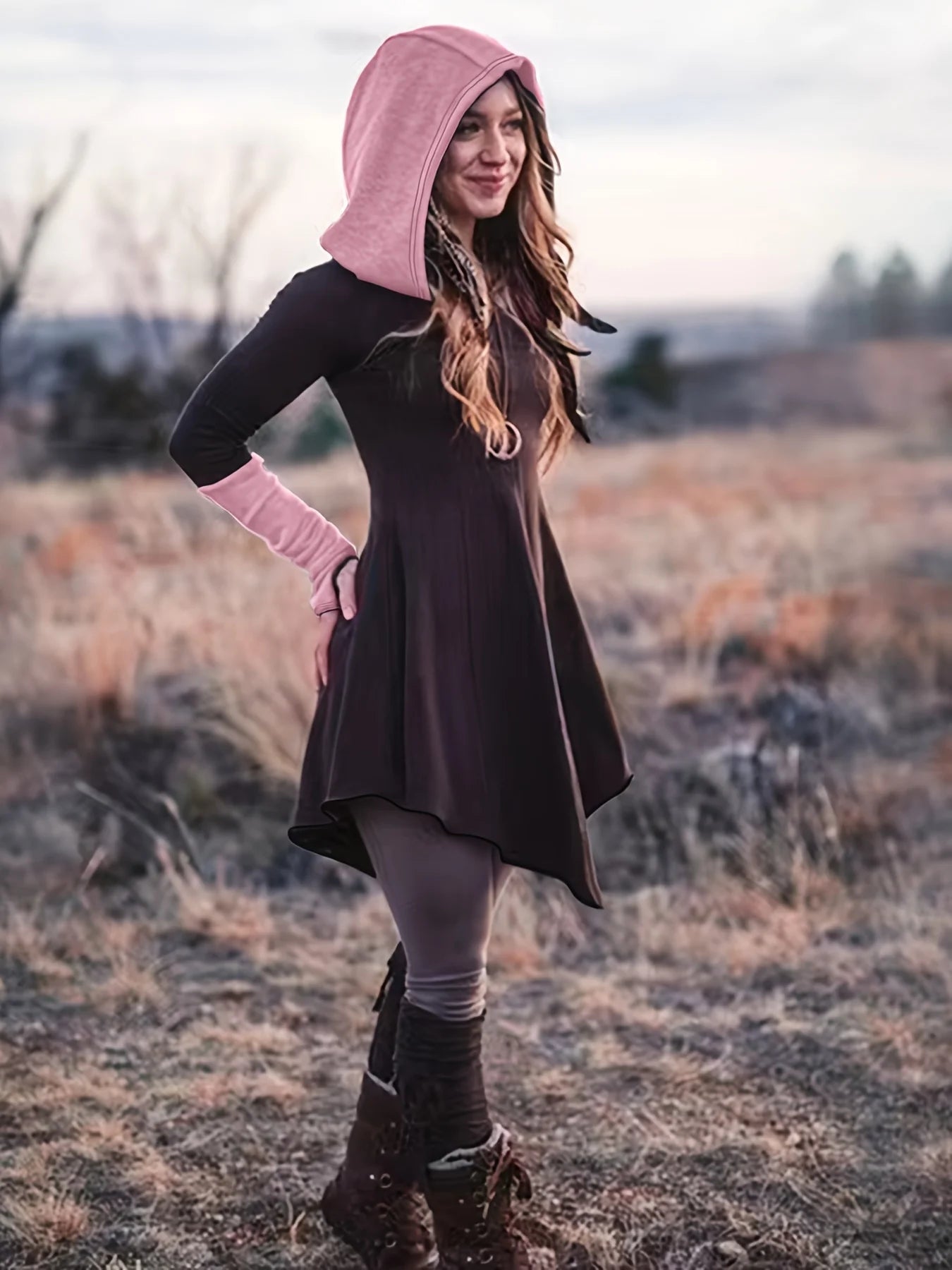 Plus Size Winter Hooded Dress – Asymmetrical Hem Long Sleeve