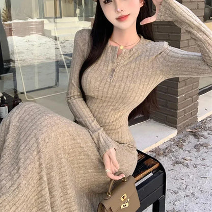 Women High-Waist Knit Long Dress 👗 | Warm Elegant Winter Wear