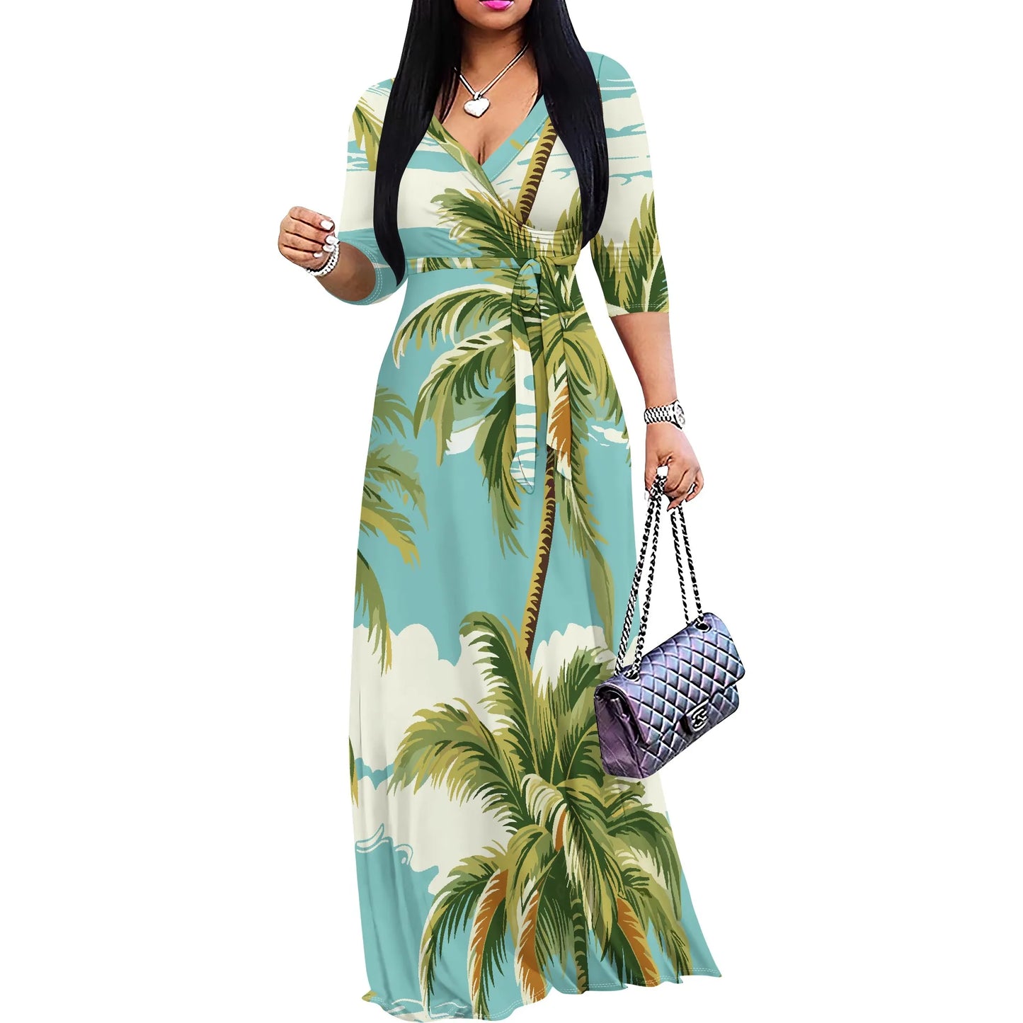Women’s Floral Print Maxi Dress – V-Neck 3/4 Sleeve Summer Gown