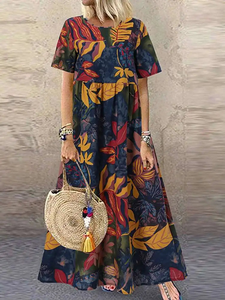 Women’s Bohemian Cotton Maxi Dress – Floral Print O-Neck