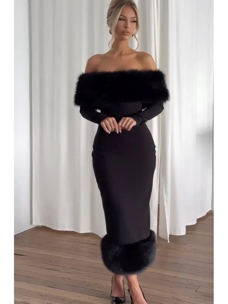 Women’s Off Shoulder Faux Fur Bodycon Dress – Party Evening Gown