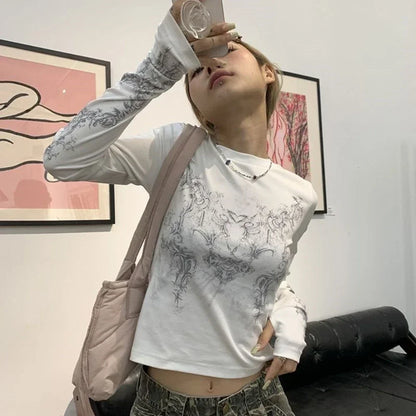 🖤 Y2K Vintage Long Sleeve T-Shirt – Women’s O-Neck Printed Crop Top