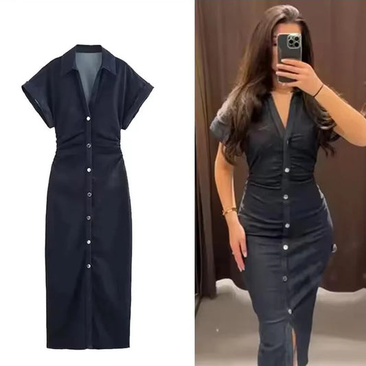 Glomexia Women’s Denim Midi Dress 💙 Casual Streetwear Summer Fashion 👗