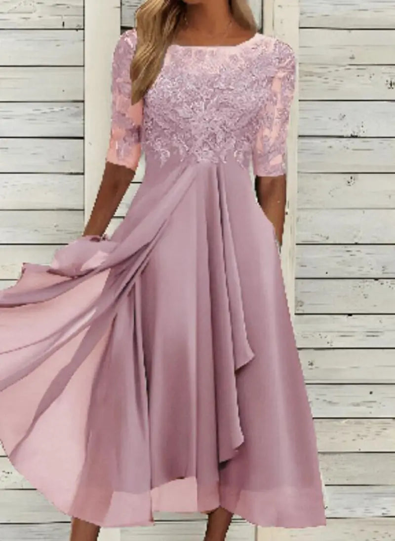🌍 Glomexia Fashion – Elegant O-Neck Chiffon Lace Dress 👗