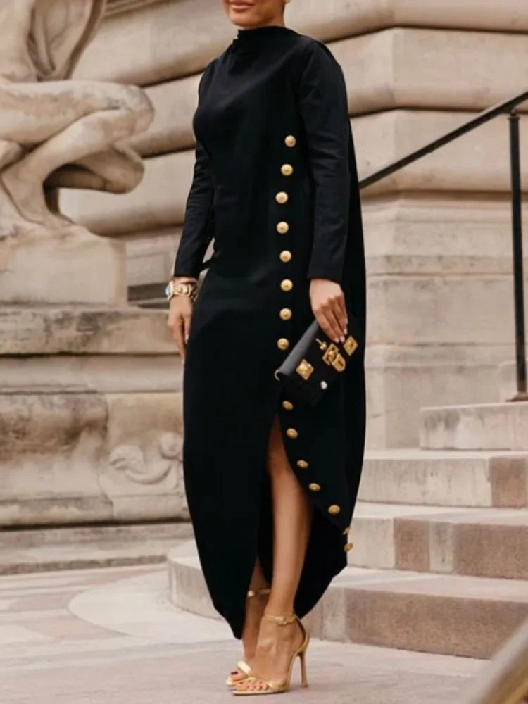 ✨ High Neck Black Maxi Dress – Button Split Office Evening Gown