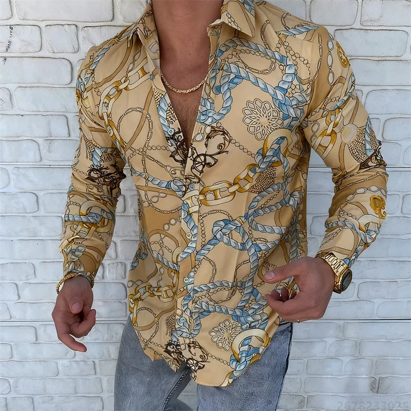 Men’s Luxury Chain Print Slim Fit Long Sleeve Shirt