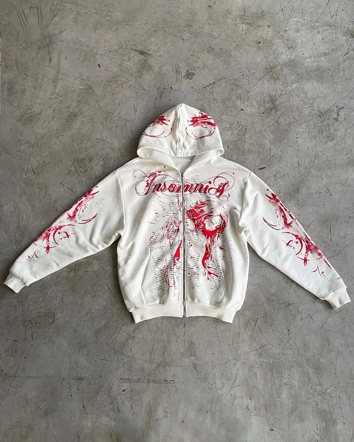 Vintage Skull Zip-Up Hoodie – Y2K Streetwear Sweatshirt for Men