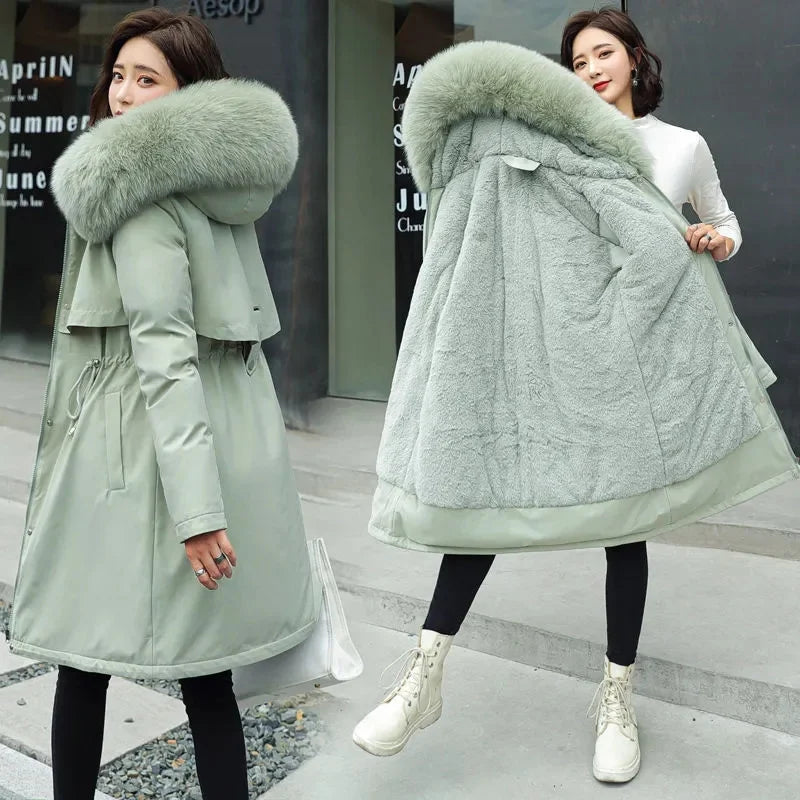 🧥 Women’s Winter Parka Coat – Long Hooded Fur Collar Jacket (6XL)
