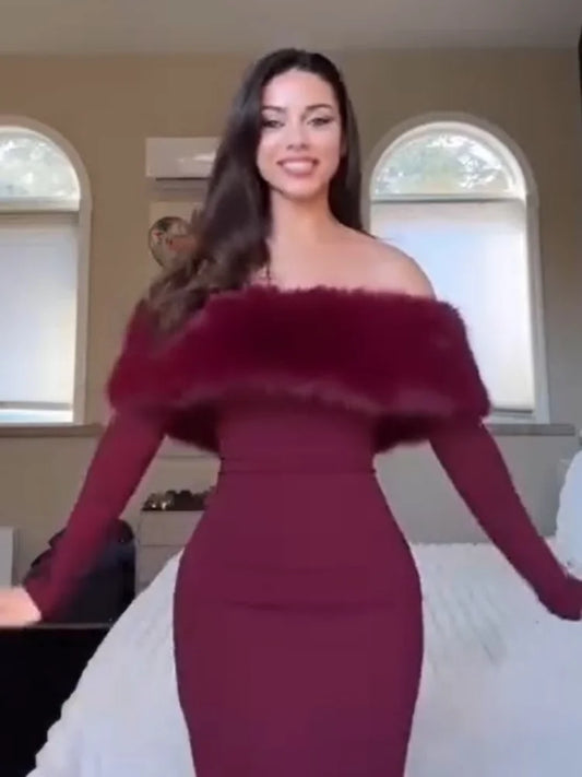Women’s Off Shoulder Faux Fur Bodycon Dress – Party Evening Gown