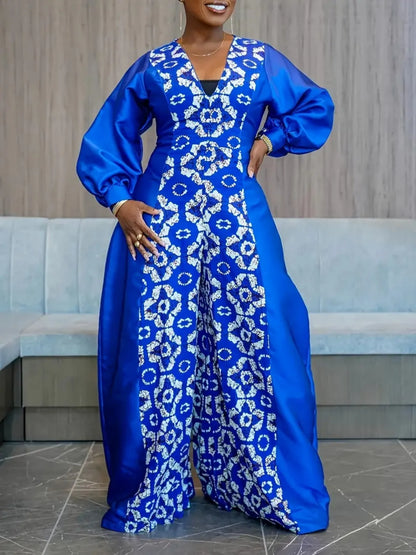 👗 Blue Printed V-Neck Wide-Leg Jumpsuit
