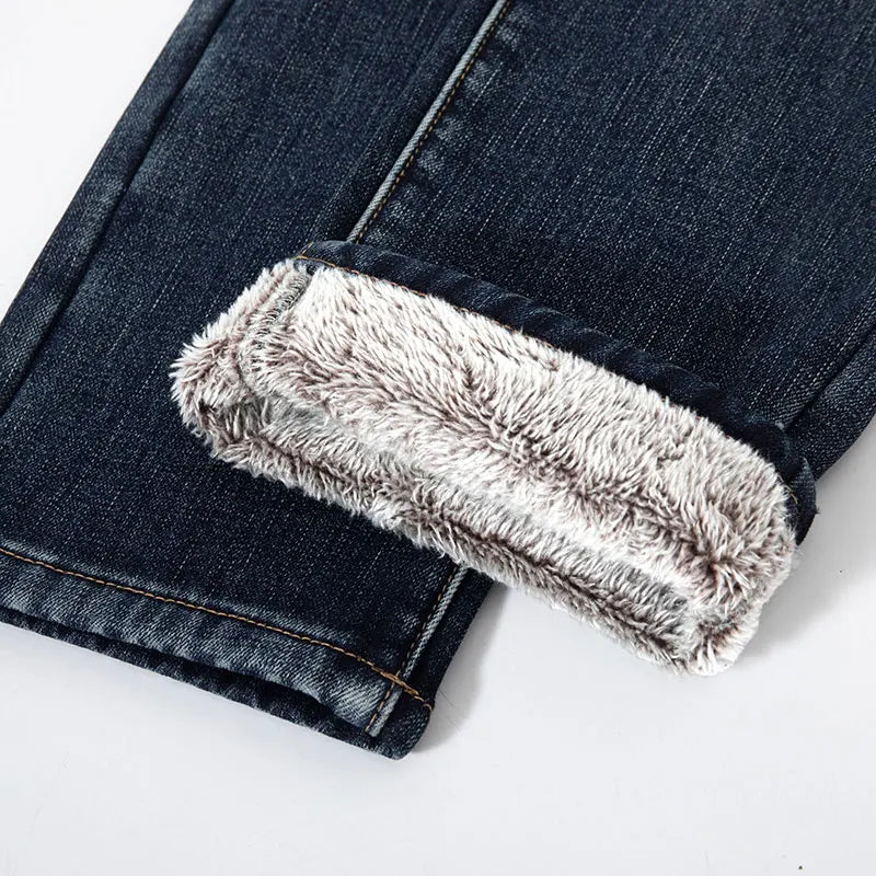 🔥 Men’s Winter Fleece Jeans – Slim Fit Business Casual Denim Pants