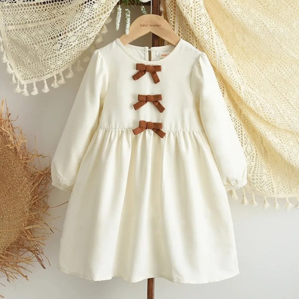 Premium Beige Girls Bow Princess Dress – Autumn Casual Wear
