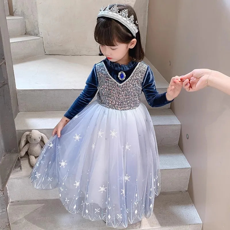Girls Blue Velvet Princess Dress with Cape