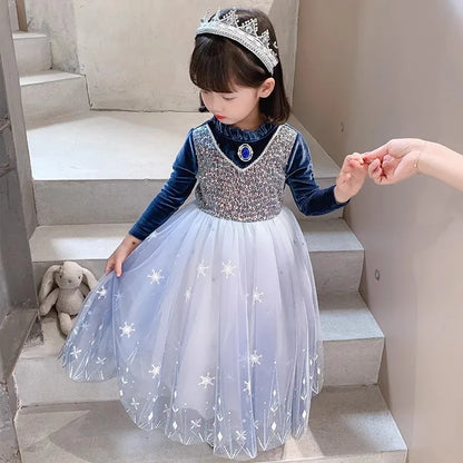 Girls Blue Velvet Princess Dress with Cape