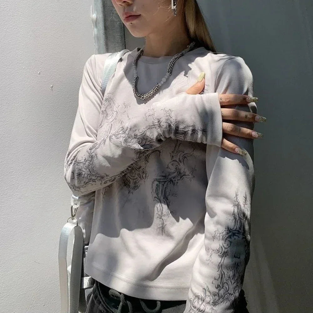 🖤 Y2K Vintage Long Sleeve T-Shirt – Women’s O-Neck Printed Crop Top