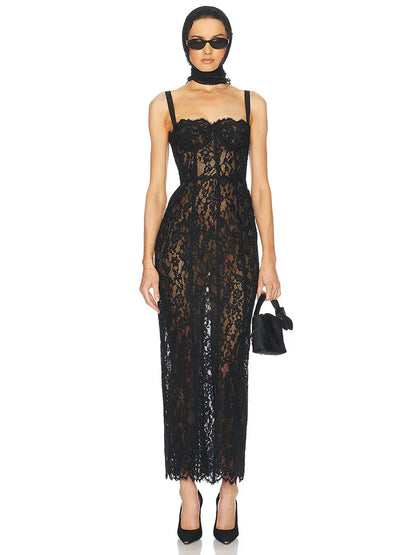 Women’s Lace Spaghetti Strap Maxi Dress – V-Neck Bodycon Gown