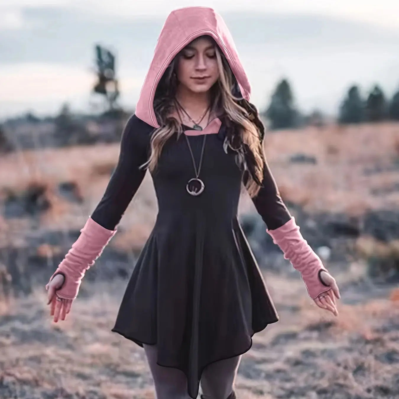 Plus Size Winter Hooded Dress – Asymmetrical Hem Long Sleeve